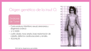 Origen genético de la insuf. O.
Síndrome
de Turner
• Corta estatura, infantilismo sexual, amenorrea y
disgenesia ovárica
• 1/ 2-5000
• cuello alado, torax amplio, baja implantación de
cabello, defectos cardiovasculares y renales.
• 45,X/46,XX
66% de las disgenesias gonadales
 