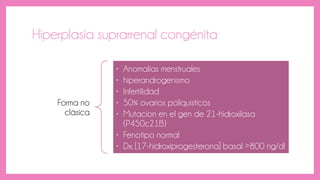 Hiperplasia suprarrenal congénita
Forma no
clásica
• Anomalias menstruales
• hiperandrogenismo
• Infertilidad
• 50% ovarios poliquisticos
• Mutacion en el gen de 21-hidroxilasa
(P450c21B)
• Fenotipo normal
• Dx: [17-hidroxiprogesterona] basal >800 ng/dl
 