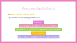 Amenorrea hipotalámica
• Deficiencia aislada de GnRH
• produce Hipogonadismo hipogonadotrópico.
Amenorrea
Desarrollo puberal ausente o incompleto
Secundario a ausencia o disminución de estradiol.
Estatura normal
No se altera la distribución de vello corporal.
 