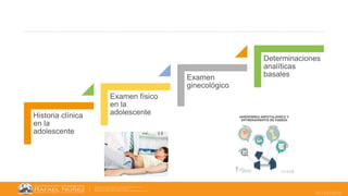 25/10/2022
Historia clínica
en la
adolescente
Examen físico
en la
adolescente
Examen
ginecológico
Determinaciones
analíticas
basales
 