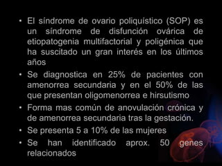 • El síndrome de ovario poliquístico (SOP) es
un síndrome de disfunción ovárica de
etiopatogenia multifactorial y poligénica que
ha suscitado un gran interés en los últimos
años
• Se diagnostica en 25% de pacientes con
amenorrea secundaria y en el 50% de las
que presentan oligomenorrea e hirsutismo
• Forma mas común de anovulación crónica y
de amenorrea secundaria tras la gestación.
• Se presenta 5 a 10% de las mujeres
• Se han identificado aprox. 50 genes
relacionados
 