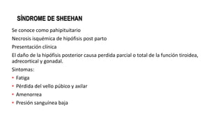 SÍNDROME DE SHEEHAN
Se conoce como pahipituitario
Necrosis isquémica de hipófisis post parto
Presentación clínica
El daño de la hipófisis posterior causa perdida parcial o total de la función tiroidea,
adrecortical y gonadal.
Sintomas:
• Fatiga
• Pérdida del vello púbico y axilar
• Amenorrea
• Presión sanguínea baja
 