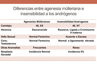 Diferencias entre agenesia mülleriana e
insensibilidad a los andrógenos
Agenesias Müllerianas Insensibilidad Androgenos
Cariotipo 46, XX 46, XY
Herencia Desconocida Recesiva, Ligada a Cromosoma
X materno
Vello Sexual Normal Femenino Ausente o Escasa
Conc.
Testosterona
Normal Femenina Normal o ligeramente elevada
Otras Anomalias Frecuentes Raras
Neoplasia
Gonadal
Incidencia Normal Incidencia 5%
 