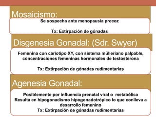 Agenesia Gonadal:
Disgenesia Gonadal: (Sdr. Swyer)
Femenina con cariotipo XY, con sistema mülleriano palpable,
concentraciones femeninas hormonales de testosterona
Tx: Extirpación de gónadas rudimentarias
Posiblemente por influencia prenatal viral o metabólica
Resulta en hipogonadismo hipogonadotròpico lo que conlleva a
desarrollo femenino
Tx: Extirpación de gónadas rudimentarias
Mosaicismo:
Se sospecha ante menopausia precoz
Tx: Extirpación de gónadas
 