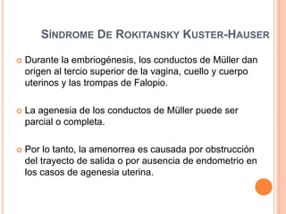 SÍNDROME DE ROKITANSKY KUSTER-HAUSER 
 Durante la embriogénesis, los conductos de Müller dan 
origen al tercio superior de la vagina, cuello y cuerpo 
uterinos y las trompas de Falopio. 
 La agenesia de los conductos de Müller puede ser 
parcial o completa. 
 Por lo tanto, la amenorrea es causada por obstrucción 
del trayecto de salida o por ausencia de endometrio en 
los casos de agenesia uterina. 
 
