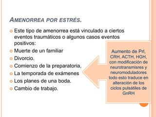 AMENORREA POR ESTRÉS. 
 Este tipo de amenorrea está vinculado a ciertos 
eventos traumáticos o algunos casos eventos 
positivos: 
 Muerte de un familiar 
 Divorcio. 
 Comienzo de la preparatoria, 
 La temporada de exámenes 
 Los planes de una boda. 
 Cambio de trabajo. 
Aumento de Prl, 
CRH, ACTH, HGH, 
con modificación de 
neurotransmisres y 
neuromoduladores 
todo esto traduce en 
alteración de los 
ciclos pulsátiles de 
GnRH 
 