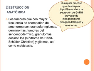 DESTRUCCIÓN 
ANATÓMICA. 
Cualquier proceso 
que destruya al 
hipotálamo altera la 
secreción de GnRH 
provocando 
hipogonadismo 
hipogonadotrópico y 
amenorrea. 
 Los tumores que con mayor 
frecuencia se acompañan de 
amenorrea son craneofaringiomas, 
germinomas, tumores del 
senoendodérmico, granulomas 
eosinófi los (síndrome de Hand- 
Schüller-Christian) y gliomas, así 
como metástasis. 
 