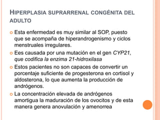 HIPERPLASIA SUPRARRENAL CONGÉNITA DEL 
ADULTO 
 Esta enfermedad es muy similar al SOP, puesto 
que se acompaña de hiperandrogenismo y ciclos 
menstruales irregulares. 
 Ees causada por una mutación en el gen CYP21, 
que codifica la enzima 21-hidroxilasa 
 Estos pacientes no son capaces de convertir un 
porcentaje suficiente de progesterona en cortisol y 
aldosterona, lo que aumenta la producción de 
andrógenos. 
 La concentración elevada de andrógenos 
amortigua la maduración de los ovocitos y de esta 
manera genera anovulación y amenorrea 
 
