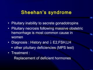 Sheehan’s syndrome
• Pituitary inability to secrete gonadotropins
• Pituitary necrosis following massive obstetric
hemorrhage is most common cause in
women
• Diagnosis : History and ↓ E2,FSH,LH
+ other pituitary deficiencies (MPS test)
• Treatment :
Replacement of deficient hormones
 