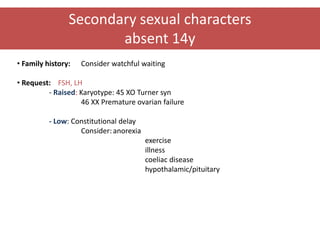 • Family history: Consider watchful waiting
• Request: FSH, LH
- Raised: Karyotype: 45 XO Turner syn
46 XX Premature ovarian failure
- Low: Constitutional delay
Consider: anorexia
exercise
illness
coeliac disease
hypothalamic/pituitary
Secondary sexual characters
absent 14y
 