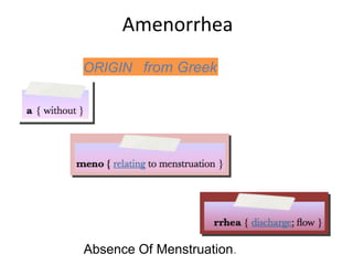 Amenorrhea
Absence Of Menstruation.
ORIGIN from Greek
 