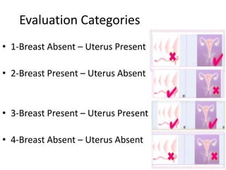 Evaluation Categories
• 1-Breast Absent – Uterus Present
• 2-Breast Present – Uterus Absent
• 3-Breast Present – Uterus Present
• 4-Breast Absent – Uterus Absent
 
