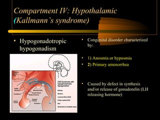 Compartment IV: Hypothalamic
(Kallmann’s syndrome)
• Hypogonadotropic
hypogonadism
• Congenital disorder characterized
by:
• 1) Anosmia or hyposmia
• 2) Primary amenorrhea
• Caused by defect in synthesis
and/or release of gonadorelin (LH
releasing hormone)
 