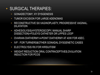 23
• SURGICAL THERAPIES:
• GONADECTOMY; XY DYSGENESIS
• TUMOR EXCISION FOR LARGE ADENOMAS
• RECONSTRUCTIVE SX:VAGINOPLASTY, PROGRESSIVE VAGINAL.
DILATATION
• ADHESIOLYSIS(HYSTEROSCOPY, MANUAL SHARP
DISSECTION)+FOLEYS CATHETER OR LIPPES LOOP
• OVARIAN DIATHERMY:4-POINT DIATHERMY AT 40W FOR 4SEC.
• IVF : FOR TURNERS&OTHER GONADAL DYSGENETIC CASES
• ELECTROLYSIS RX.FOR HIRSUITISM
• WEIGHT REDUCTION ORAL CONTRACEPTIVES,OVULATION
INDUCTION FOR PCOS
 