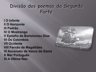 I O Infante
II O Horizonte
III Padrão
IV O Mostrengo
V Epitáfio de Bartolomeu Dias
VI Os Colombos
VII Ocidente
VIII Fernão de Magalhães
IX Ascensão de Vasco da Gama
X Mar Português
XI A Última Nau
 