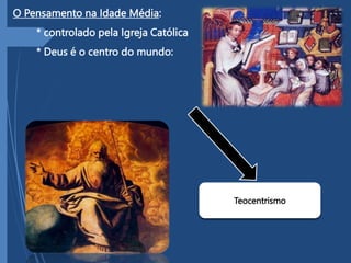 O Pensamento na Idade Média:
* controlado pela Igreja Católica
* Deus é o centro do mundo:
Teocentrismo
 