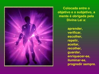   aprender,    verificar,    escolher,    repelir,    aceitar,    recolher,    guardar,    enriquecer-se,    iluminar-se,    progredir sempre .    Colocada entre o objetivo e o subjetivo, a mente é obrigada pela Divina Lei a: 