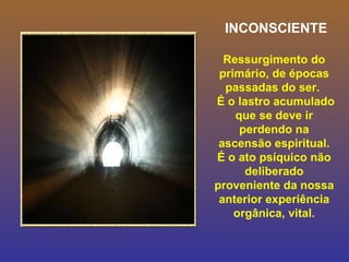 INCONSCIENTE Ressurgimento do primário, de épocas passadas do ser.  É o lastro acumulado que se deve ir perdendo na ascensão espiritual. É o ato psíquico não deliberado proveniente da nossa anterior experiência orgânica, vital. 