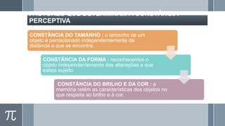 FACTORES QUE DETERMINAM A CONSTÂNCIA
PERCEPTIVA
CONSTÂNCIA DO TAMANHO : o tamanho de um
objeto é percecionado independentemente da
distância a que se encontra.
CONSTÂNCIA DA FORMA : reconhecemos o
objeto independentemente das alterações a que
esteja sujeito.
CONSTÂNCIA DO BRILHO E DA COR : a
memória retém as características dos objetos no
que respeita ao brilho e à cor.

 