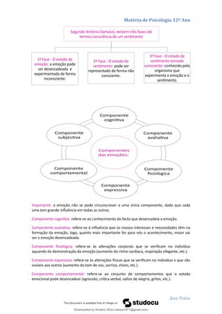 Matéria de Psicologia 12º Ano
Importante: a emoção não se pode circunscrever a uma única componente, dado que cada
uma tem grande influência em todas as outras.
Componente cognitiva: refere-se ao conhecimento do facto que desencadeia a emoção.
Componente avaliativa: refere-se à influência que os nossos interesses e necessidades têm na
formação da emoção, logo, quanto mais importante for para nós o acontecimento, maior vai
ser a emoção desencadeada.
Componente fisiológica: refere-se às alterações corporais que se verificam no indivíduo
aquando da demonstração da emoção (aumento do ritmo cardíaco, respiração ofegante, etc.).
Componente expressiva: refere-se às alterações físicas que se verificam no indivíduo e que são
visíveis aos outros (aumento do tom de voz, sorriso, choro, etc.).
Componente comportamental: refere-se ao conjunto de comportamentos que o estado
emocional pode desencadear (agressão, crítica verbal, saltos de alegria, gritos, etc.).
Ana Pinto
Segundo António Damásio, existem três fases até
termos consciência de um sentimento
1ª Fase - O estado de
emoção: a emoção pode
ser desencadeada e
experimentada de forma
inconsciente.
2ª Fase - O estado de
sentimento: pode ser
representado de forma não
consciente.
3ª Fase - O estado de
sentimento tornado
consciente: conhecido pelo
organismo que
experimenta a emoção e o
sentimento.
Componentes
das emoções:
Componente
cognitiva
Componente
avaliativa
Componente
fisiológica
Componente
expressiva
Componente
comportamental
Componente
subjectiva
Downloaded by Rosário Silva (catraia1971@gmail.com)
lOMoARcPSD|19253846
 