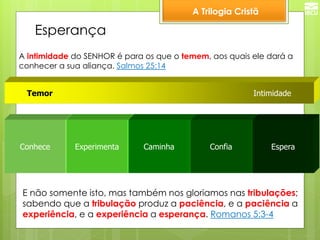 A Trilogia Cristã 
Esperança 
Conhece 
Experimenta 
Caminha 
Confia 
Espera 
Temor Intimidade 
A intimidade do SENHOR é para os que o temem, aos quais ele dará a 
conhecer a sua aliança. Salmos 25:14 
E não somente isto, mas também nos gloriamos nas tribulações; 
sabendo que a tribulação produz a paciência, e a paciência a 
experiência, e a experiência a esperança. Romanos 5:3-4  