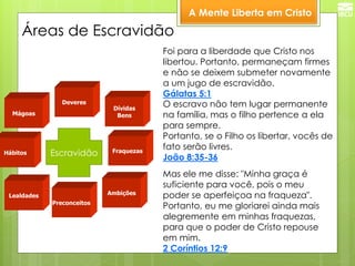 A Mente Liberta em Cristo 
Hábitos 
Foi para a liberdade que Cristo nos libertou. Portanto, permaneçam firmes e não se deixem submeter novamente a um jugo de escravidão. Gálatas 5:1 
Escravidão 
Lealdades 
Preconceitos 
Ambições 
Fraquezas 
Dívidas 
Bens 
Deveres 
Mágoas 
O escravo não tem lugar permanente na família, mas o filho pertence a ela para sempre. Portanto, se o Filho os libertar, vocês de fato serão livres. João 8:35-36 
Mas ele me disse: "Minha graça é suficiente para você, pois o meu poder se aperfeiçoa na fraqueza". Portanto, eu me gloriarei ainda mais alegremente em minhas fraquezas, para que o poder de Cristo repouse em mim. 2 Coríntios 12:9 
Áreas de Escravidão  