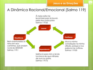 Dependencia 
Confiança 
Obediência 
Louvor 
Jesus e as Emoções 
A Dinâmica Racional/Emocional (Salmo 119) 
Bem-aventurados os retos em seus caminhos, que andam na lei do SENHOR Salmos 119:1 
Isto é a minha consolação na minha aflição, porque a tua palavra me vivificou Salmos 119:50 
Å meia noite me levantarei para te louvar, pelos teus justos juízos Salmos 119:62 
Melhor é para mim a lei da tua boca do que milhares de ouro ou prata. Salmos 119:72  
