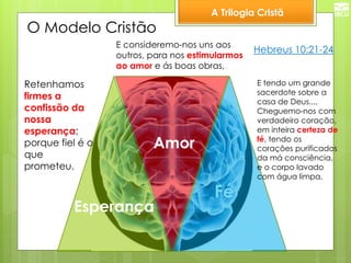 A Trilogia Cristã 
Amor 
E consideremo-nos uns aos outros, para nos estimularmos ao amor e ás boas obras, 
Esperança 
Retenhamos firmes a confissão da nossa esperança; porque fiel é o que prometeu. 
Hebreus 10:21-24 
Fé 
E tendo um grande sacerdote sobre a casa de Deus..., Cheguemo-nos com verdadeiro coração, em inteira certeza de fé, tendo os corações purificados da má consciência, e o corpo lavado com água limpa, 
O Modelo Cristão  