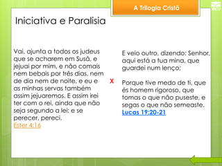 A Trilogia Cristã 
Iniciativa e Paralisia 
X 
Vai, ajunta a todos os judeus que se acharem em Susã, e jejuai por mim, e não comais nem bebais por três dias, nem de dia nem de noite, e eu e as minhas servas também assim jejuaremos. E assim irei ter com o rei, ainda que não seja segundo a lei; e se perecer, pereci. Ester 4:16 
E veio outro, dizendo: Senhor, aqui está a tua mina, que guardei num lenço; Porque tive medo de ti, que és homem rigoroso, que tomas o que não puseste, e segas o que não semeaste. Lucas 19:20-21  