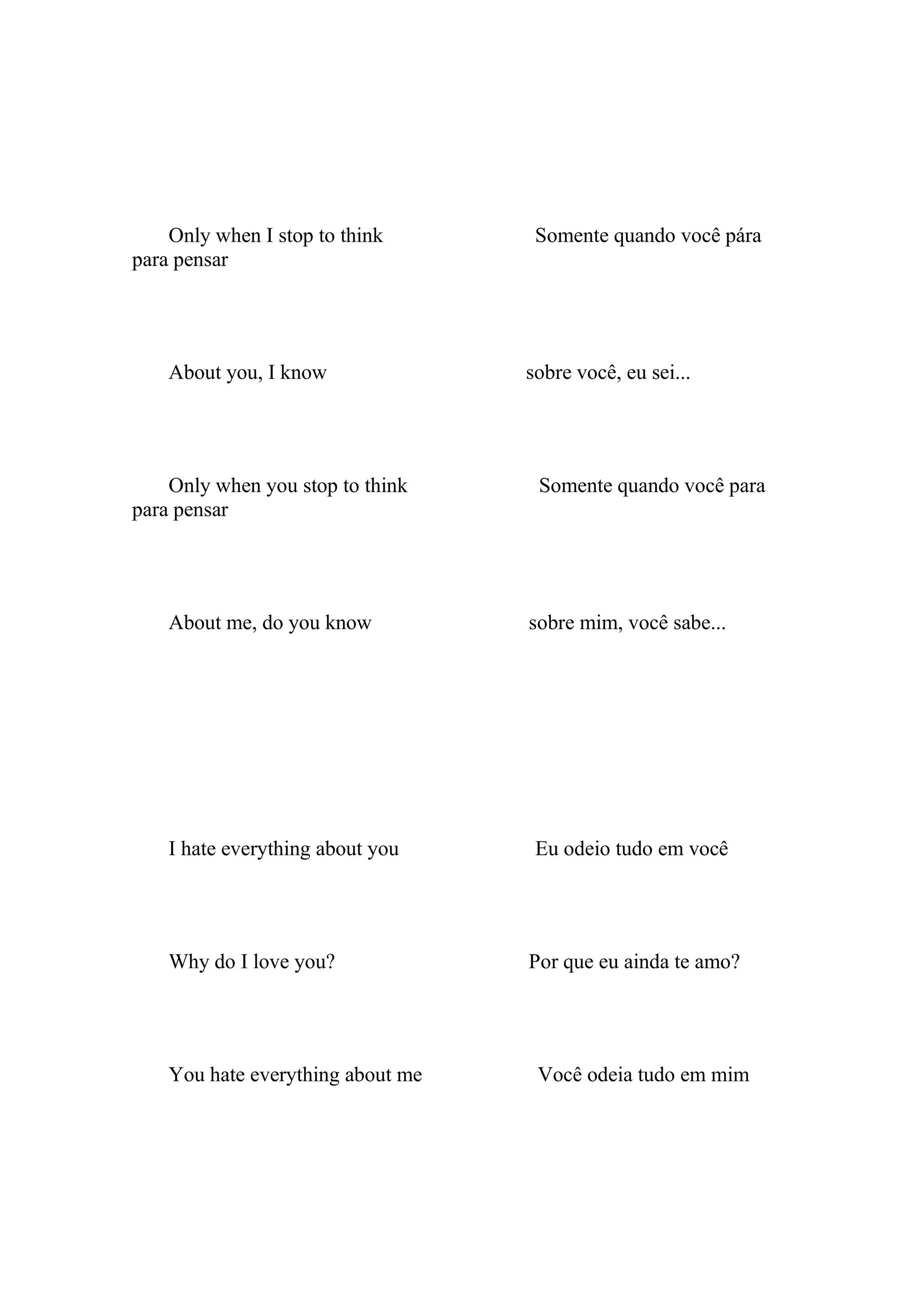 Only when I stop to think       Somente quando você pára
para pensar




    About you, I know              sobre você, eu sei...




    Only when you stop to think     Somente quando você para
para pensar




    About me, do you know          sobre mim, você sabe...




    I hate everything about you     Eu odeio tudo em você




    Why do I love you?             Por que eu ainda te amo?




    You hate everything about me    Você odeia tudo em mim
 
