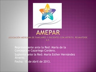 Representante ante la Red: María de la
Concepción Cazariego Cordero.
Suplente ante la Red: María Esther Hernández
Álvarez.
Fecha: 15 de Abril de 2013.
 