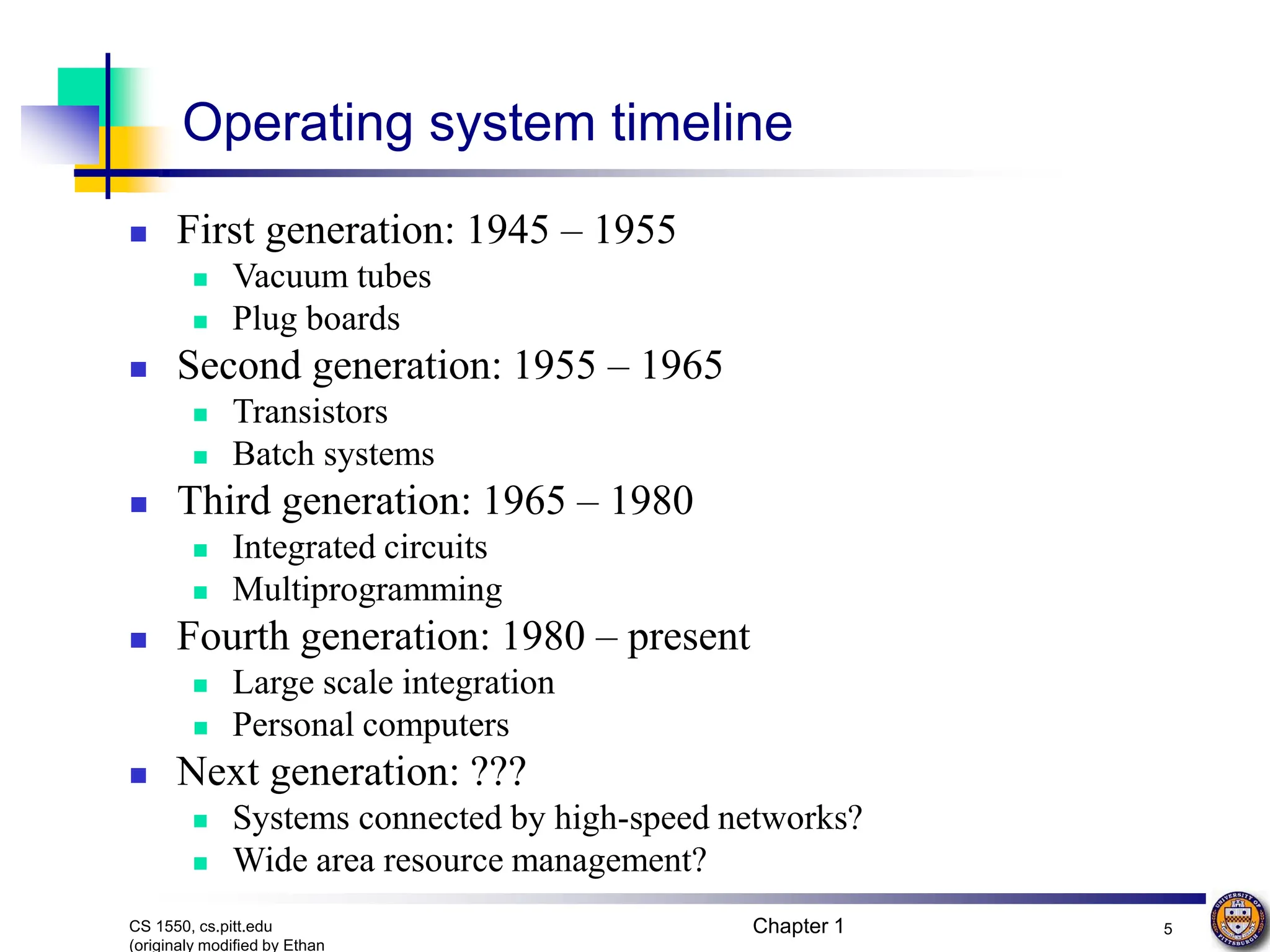 Chapter 1 5
CS 1550, cs.pitt.edu
(originaly modified by Ethan
Operating system timeline
 First generation: 1945 – 1955
 Vacuum tubes
 Plug boards
 Second generation: 1955 – 1965
 Transistors
 Batch systems
 Third generation: 1965 – 1980
 Integrated circuits
 Multiprogramming
 Fourth generation: 1980 – present
 Large scale integration
 Personal computers
 Next generation: ???
 Systems connected by high-speed networks?
 Wide area resource management?
 