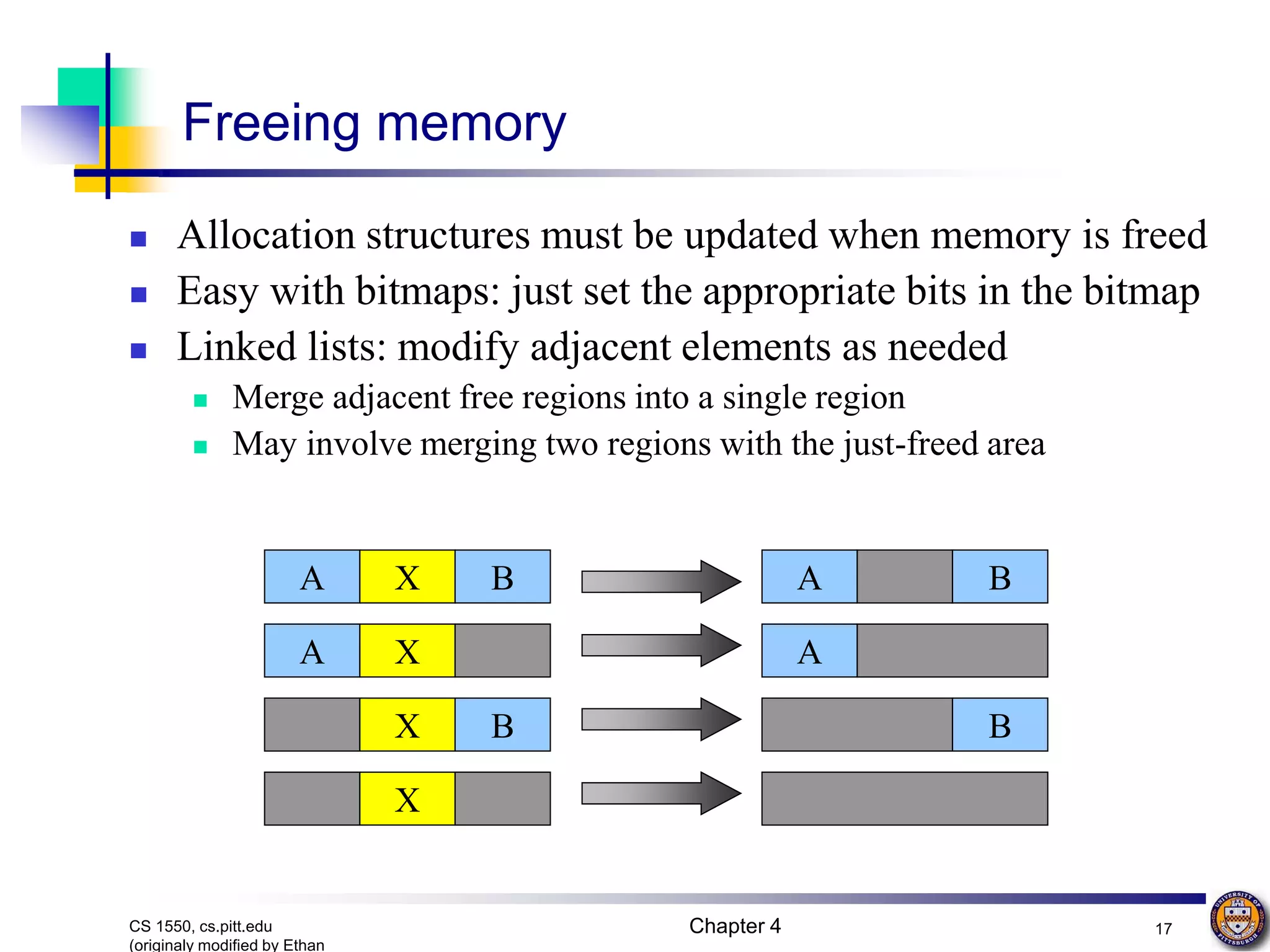 Chapter 4 17 CS 1550, cs.pitt.edu (originaly modified by Ethan Freeing memory  Allocation structures must be updated when memory is freed  Easy with bitmaps: just set the appropriate bits in the bitmap  Linked lists: modify adjacent elements as needed  Merge adjacent free regions into a single region  May involve merging two regions with the just-freed area A X B A X X B X A B A B 