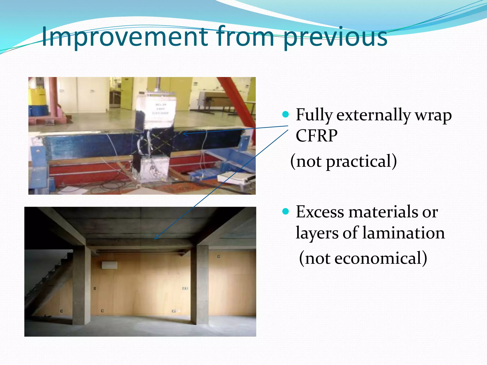 Previous research done at CSUF1998Dr. Chakrabarti2009“Study of Concrete Beam Column Joint Repair with Carbon Fiber Reinforced Polymer” (2009)  By Delgado, H, and Lam, C.