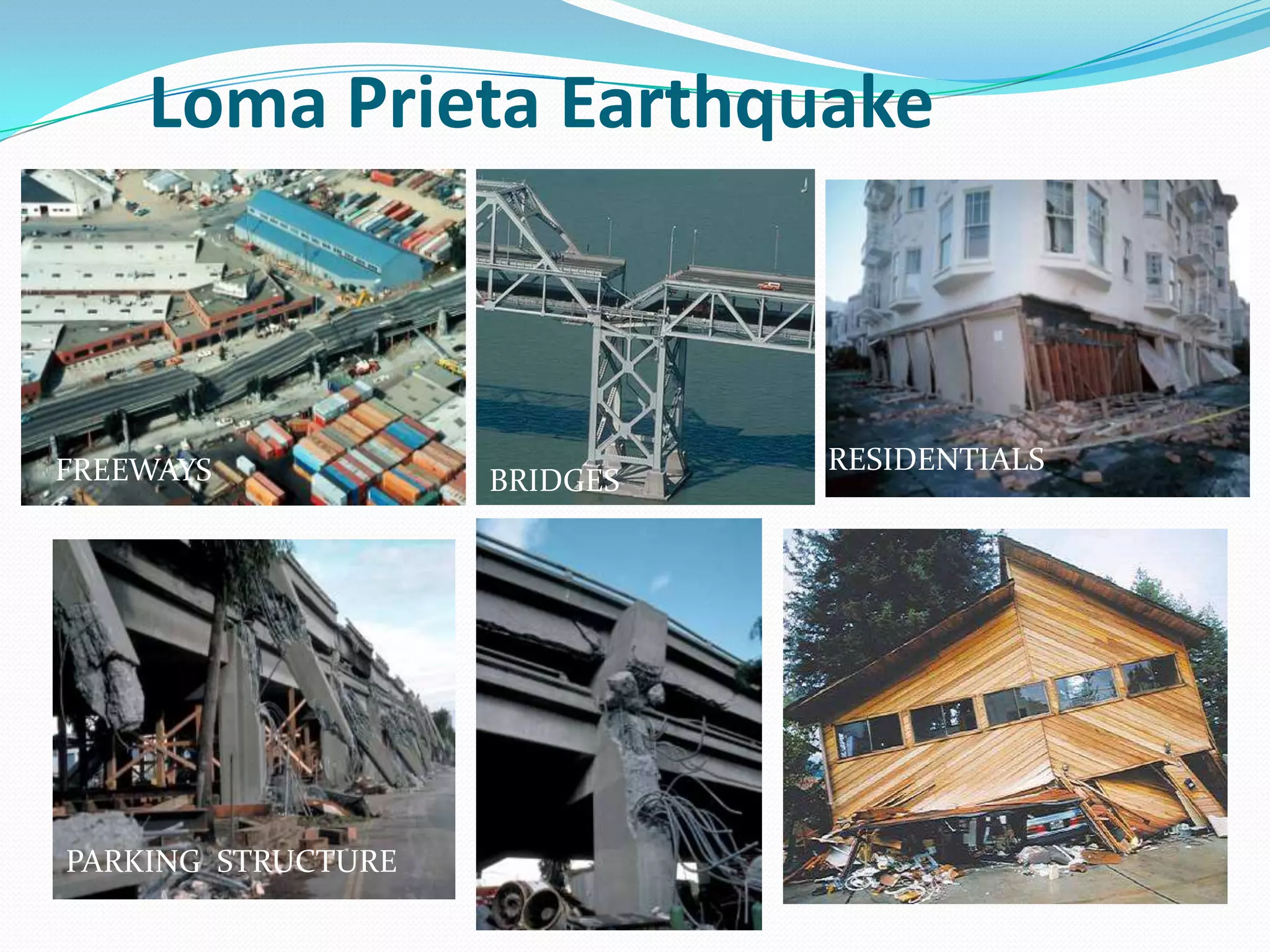 Loma Prieta EarthquakeRESIDENTIALSFREEWAYSBRIDGESPARKING  STRUCTURE