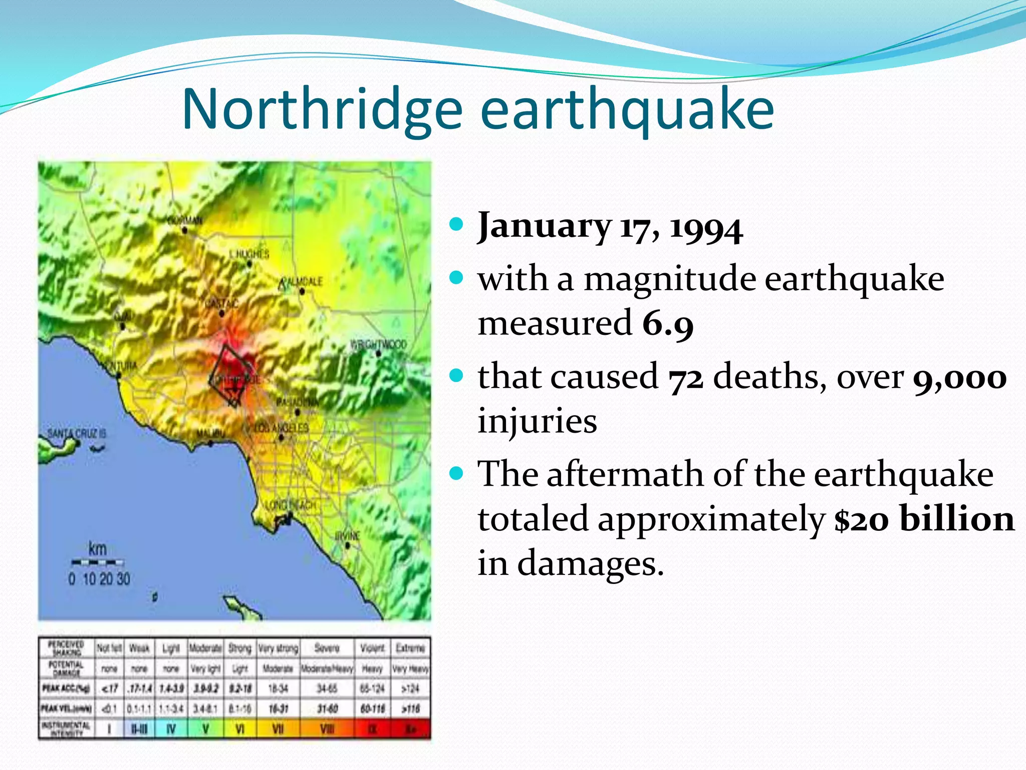 Northridge earthquakeJanuary 17, 1994  with a magnitude earthquake measured 6.9that caused 72 deaths, over 9,000 injuries The aftermath of the earthquake totaled approximately $20 billion in damages. 