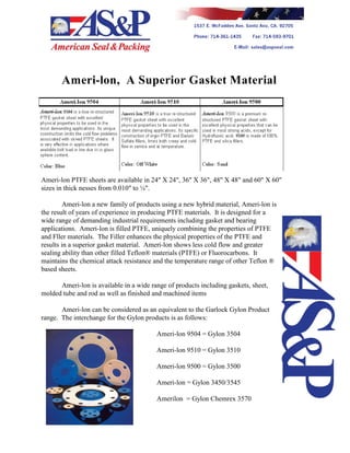 Ameri-lon, A Superior Gasket Material
Ameri-lon PTFE sheets are available in 24" X 24", 36" X 36", 48" X 48" and 60" X 60"
sizes in thick nesses from 0.010" to ¼".
Ameri-lon a new family of products using a new hybrid material, Ameri-lon is
the result of years of experience in producing PTFE materials. It is designed for a
wide range of demanding industrial requirements including gasket and bearing
applications. Ameri-lon is filled PTFE, uniquely combining the properties of PTFE
and Fller materials. The Filler enhances the physical properties of the PTFE and
results in a superior gasket material. Ameri-lon shows less cold flow and greater
sealing ability than other filled Teflon® materials (PTFE) or Fluorocarbons. It
maintains the chemical attack resistance and the temperature range of other Teflon ®
based sheets.
Ameri-lon is available in a wide range of products including gaskets, sheet,
molded tube and rod as well as finished and machined items
Ameri-lon can be considered as an equivalent to the Garlock Gylon Product
range. The interchange for the Gylon products is as follows:
Ameri-lon 9504 = Gylon 3504
Ameri-lon 9510 = Gylon 3510
Ameri-lon 9500 = Gylon 3500
Ameri-lon = Gylon 3450/3545
Amerilon = Gylon Chemrex 3570
 
