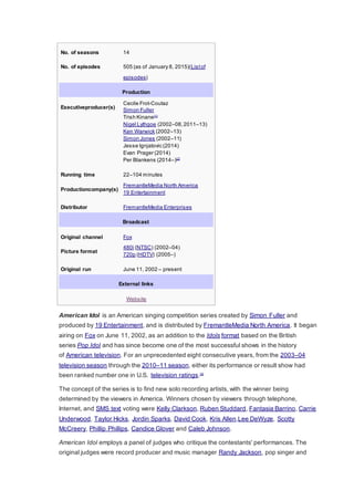 No. of seasons 14
No. of episodes 505 (as of January 8, 2015)(Listof
episodes)
Production
Executiveproducer(s)
 Cecile Frot-Coutaz
 Simon Fuller
 Trish Kinane[1]
 Nigel Lythgoe (2002–08,2011–13)
 Ken Warwick (2002–13)
 Simon Jones (2002–11)
 Jesse Ignjatovic (2014)
 Evan Prager (2014)
 Per Blankens (2014–)[2]
Running time 22–104 minutes
Productioncompany(s)
 FremantleMedia North America
 19 Entertainment
Distributor FremantleMedia Enterprises
Broadcast
Original channel Fox
Picture format
 480i (NTSC) (2002–04)
 720p (HDTV) (2005–)
Original run June 11, 2002 – present
External links
Website
American Idol is an American singing competition series created by Simon Fuller and
produced by 19 Entertainment, and is distributed by FremantleMedia North America. It began
airing on Fox on June 11, 2002, as an addition to the Idols format based on the British
series Pop Idol and has since become one of the most successful shows in the history
of American television. For an unprecedented eight consecutive years, from the 2003–04
television season through the 2010–11 season, either its performance or result show had
been ranked number one in U.S. television ratings.[3]
The concept of the series is to find new solo recording artists, with the winner being
determined by the viewers in America. Winners chosen by viewers through telephone,
Internet, and SMS text voting were Kelly Clarkson, Ruben Studdard, Fantasia Barrino, Carrie
Underwood, Taylor Hicks, Jordin Sparks, David Cook, Kris Allen,Lee DeWyze, Scotty
McCreery, Phillip Phillips, Candice Glover and Caleb Johnson.
American Idol employs a panel of judges who critique the contestants' performances. The
original judges were record producer and music manager Randy Jackson, pop singer and
 