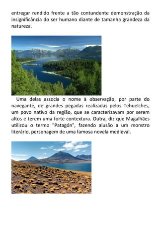 entregar rendido frente a tão contundente demonstração da
insignificância do ser humano diante de tamanha grandeza da
natureza.

Uma delas associa o nome à observação, por parte do
navegante, de grandes pegadas realizadas pelos Tehuelches,
um povo nativo da região, que se caracterizavam por serem
altos e terem uma forte contextura. Outra, diz que Magalhães
utilizou o termo "Patagón", fazendo alusão a um monstro
literário, personagem de uma famosa novela medieval.

 