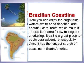 Brazilian Coastline
Here you can enjoy the bright blue
waters, white-sand beaches, and
beautiful coral reefs, which make it
an excellent area for swimming and
snorkeling. Brazil is a great place to
begin your adventure, especially
since it has the longest stretch of
coastline in South America.
 