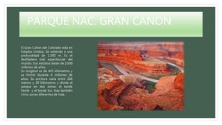 PARQUE NAC. GRAN CAÑON
El Gran Cañon del Colorado está en
Estados Unidos. Se extiende a una
profundidad de 1.500 m. Es el
desfiladero más espectacular del
mundo. Sus estratos datan de 2.000
millones de años.
Su longitud es de 445 kilómetros y
se formó durante 6 millones de
años. Su anchura varía entre 200
metros y 30 kilómetros y divide el
parque en dos zonas: el borde
Norte y el borde Sur. Hay también
cinco zonas diferentes de vida.
 