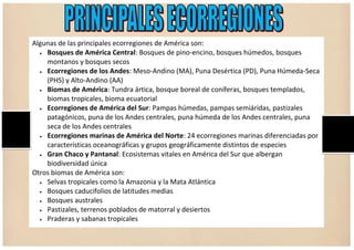 Algunas de las principales ecorregiones de América son:
• Bosques de América Central: Bosques de pino-encino, bosques húmedos, bosques
montanos y bosques secos
• Ecorregiones de los Andes: Meso-Andino (MA), Puna Desértica (PD), Puna Húmeda-Seca
(PHS) y Alto-Andino (AA)
• Biomas de América: Tundra ártica, bosque boreal de coníferas, bosques templados,
biomas tropicales, bioma ecuatorial
• Ecorregiones de América del Sur: Pampas húmedas, pampas semiáridas, pastizales
patagónicos, puna de los Andes centrales, puna húmeda de los Andes centrales, puna
seca de los Andes centrales
• Ecorregiones marinas de América del Norte: 24 ecorregiones marinas diferenciadas por
características oceanográficas y grupos geográficamente distintos de especies
• Gran Chaco y Pantanal: Ecosistemas vitales en América del Sur que albergan
biodiversidad única
Otros biomas de América son:
• Selvas tropicales como la Amazonia y la Mata Atlántica
• Bosques caducifolios de latitudes medias
• Bosques australes
• Pastizales, terrenos poblados de matorral y desiertos
• Praderas y sabanas tropicales
 