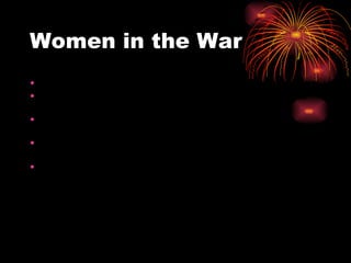 Women in the War Many took over running the family farm or business. Others worked as cooks, washers, and nurses for the army. Some worked as spies or messengers and few opted to fight. Because they contributed so much to the war, many argue that their rights should be expanded.  In 1779 Judith Sargent Murray wrote “On the Equality of the Sexes” saying that women were just as intelligent as men, but lacked the proper education to achieve more in life.   