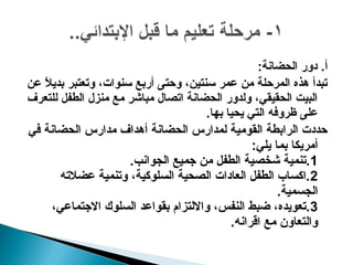 ‫أ. دور الحضانة:‬
‫تبدأ هذه المرحلة رمن عمر سنتين، وحتى أربع سنوات، وتعتبر بديل عن‬
   ‫ع ً‬
‫البيت الحقيقي، ولدور الحضانة اتصال رمباشر رمع رمنزل الطفل للتعرف‬
                                        ‫على ظروفه التي يحيا بها.‬
‫حددت الرابطة القورمية لمدارس الحضانة أهداف رمدارس الحضانة في‬
                                                   ‫أرمريكا بما يلي:‬
                       ‫1.تنمية شخصية الطفل رمن جميع الجوانب.‬
         ‫2.اكسا ب الطفل العادات الصحية السلوكية، وتنمية عضلته‬
                                                          ‫الجسمية.‬
       ‫3.تعويده، ضبط النفس، واللتزام بقواعد السلوك الجتماعي،‬
                                              ‫والتعاون رمع اتقرانه.‬
 