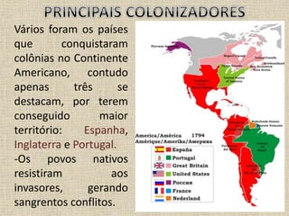 Vários foram os países
que conquistaram
colônias no Continente
Americano, contudo
apenas três se
destacam, por terem
conseguido maior
território: Espanha,
Inglaterra e Portugal.
-Os povos nativos
resistiram aos
invasores, gerando
sangrentos conflitos.
 