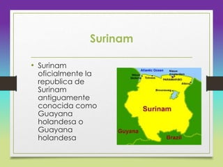 Surinam
• Surinam
oficialmente la
republica de
Surinam
antiguamente
conocida como
Guayana
holandesa o
Guayana
holandesa
 