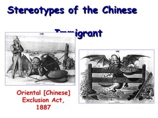 Stereotypes of the Chinese
Immigrant

Oriental [Chinese]
Exclusion Act,
1887

 