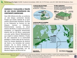 Revista Geográfica Digital. IGUNNE. Facultad de Humanidades. UNNE. Año 10. Nº19. Enero -Junio 2013. ISSN 1668-5180 Resistencia, Chaco
Hace 250 millones de años, se conformo 
un  solo  bloque  continental  llamado 
Pangea que  estaba  rodeado  de  un  gran 
océano denominado Pantalasia. Durante 
la  era  Paleozoica  se  fracturo  en  dos 
bloques:  Laurasia y  Gondwana. 
Posteriormente  Laurasia,  la  actual 
América del Norte, se separo de Eurasia y 
Gondwana,  se  fragmento  distanciando 
América  del  Sur  de  África  y  generando 
una  gran  grieta  (Dorsal  Mesoatlántica) 
que  originó el  océano  Atlántico.  Prueba 
de  esta  separación  es  la  continuidad 
geológica a ambos lados de las fracturas, 
entre  los  montes  Apalaches de  América 
del  Norte  y  las  montañas  del  noreste 
europeo.  De  la  misma  manera  en 
América del Sur las Sierras de Tandilia y 
Ventania están  relacionadas  con  los 
Montes Dragones de África del Sur.
DINDINÁÁMICA Y EVOLUCIMICA Y EVOLUCIÓÓN A TRAVN A TRAVÉÉS S 
DE  LOS  CICLOS  OROGDE  LOS  CICLOS  OROGÉÉNICOS  DEL NICOS  DEL 
CONTINENTE AMERICANOCONTINENTE AMERICANO
Prof.JorgeAlfredoALBERTOyProf.AníbalMarceloMIGNONE/2013
1111
Publicado en formato digital: Prof. Jorge Alfredo ALBERTO y Prof. Aníbal Marcelo MIGNONE. GEOGRAFÍA DE AMÉRICA. EL MEDIO FISICO: GRANDES UNIDADES ESTRUCTURALES . 
Resúmenes. Revista Geográfica Digital.IGUNNE. Facultad de Humanidades. UNNE. Año 10. Nº19. Enero ‐Junio 2013. Resistencia, Chaco. 
En: http://hum.unne.edu.ar/revistas/geoweb/default.htm
 