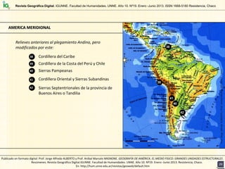 AMERICA MERIDIONALAMERICA MERIDIONAL
Relieves anteriores al plegamiento Andino, pero 
modificados por este:
Cordillera del Caribe38
Cordillera de la Costa del Perú y Chile 39
Sierras Pampeanas40
Cordillera Oriental y Sierras Subandinas41
Sierras Septentrionales de la provincia de 
Buenos Aires o Tandilia
42
38
39
40
41
42
Prof.JorgeAlfredoALBERTOyProf.AníbalMarceloMIGNONE/2013
Revista Geográfica Digital. IGUNNE. Facultad de Humanidades. UNNE. Año 10. Nº19. Enero -Junio 2013. ISSN 1668-5180 Resistencia, Chaco
2323
Publicado en formato digital: Prof. Jorge Alfredo ALBERTO y Prof. Aníbal Marcelo MIGNONE. GEOGRAFÍA DE AMÉRICA. EL MEDIO FISICO: GRANDES UNIDADES ESTRUCTURALES . 
Resúmenes. Revista Geográfica Digital.IGUNNE. Facultad de Humanidades. UNNE. Año 10. Nº19. Enero ‐Junio 2013. Resistencia, Chaco. 
En: http://hum.unne.edu.ar/revistas/geoweb/default.htm
 