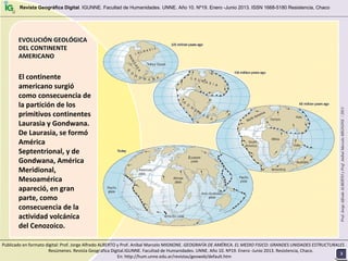 El continente 
americano surgió
como consecuencia de 
la partición de los 
primitivos continentes 
Laurasia y Gondwana. 
De Laurasia, se formó
América 
Septentrional, y de 
Gondwana, América 
Meridional, 
Mesoamérica
apareció, en gran 
parte, como 
consecuencia de la 
actividad volcánica 
del Cenozoico. 
EVOLUCIEVOLUCIÓÓN GEOLN GEOLÓÓGICA GICA 
DEL CONTINENTE DEL CONTINENTE 
AMERICANOAMERICANO
Revista Geográfica Digital. IGUNNE. Facultad de Humanidades. UNNE. Año 10. Nº19. Enero -Junio 2013. ISSN 1668-5180 Resistencia, Chaco
Prof.JorgeAlfredoALBERTOyProf.AníbalMarceloMIGNONE/2013
33
Publicado en formato digital: Prof. Jorge Alfredo ALBERTO y Prof. Aníbal Marcelo MIGNONE. GEOGRAFÍA DE AMÉRICA. EL MEDIO FISICO: GRANDES UNIDADES ESTRUCTURALES . 
Resúmenes. Revista Geográfica Digital.IGUNNE. Facultad de Humanidades. UNNE. Año 10. Nº19. Enero ‐Junio 2013. Resistencia, Chaco. 
En: http://hum.unne.edu.ar/revistas/geoweb/default.htm
 